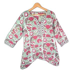 Signals Tunic Pink Green Floral XL Boho Cotton Handkerchief Hem Block Print